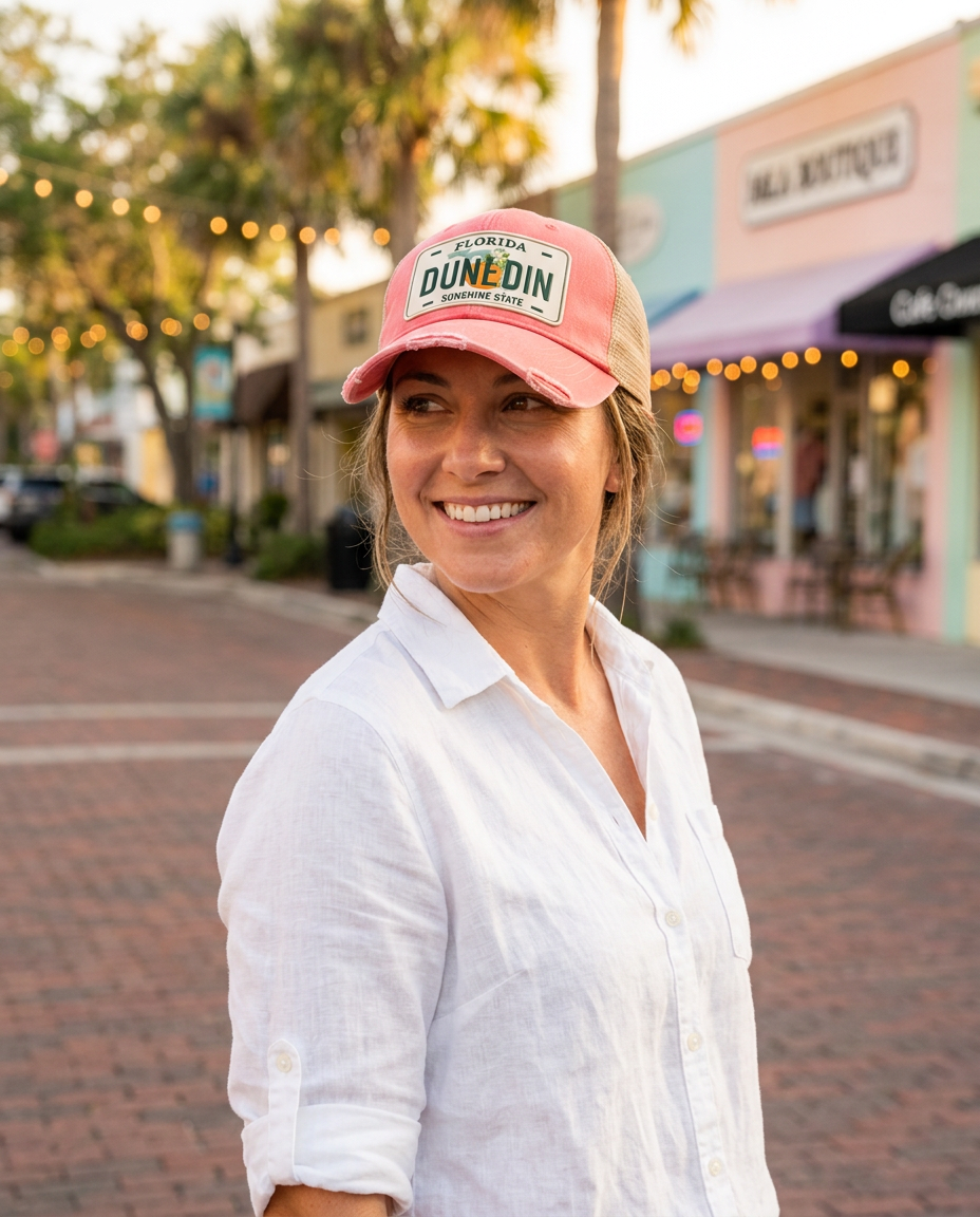 Person in Downtown Dunedin wearing the Sunset Coral Dunedin Florida patch hat