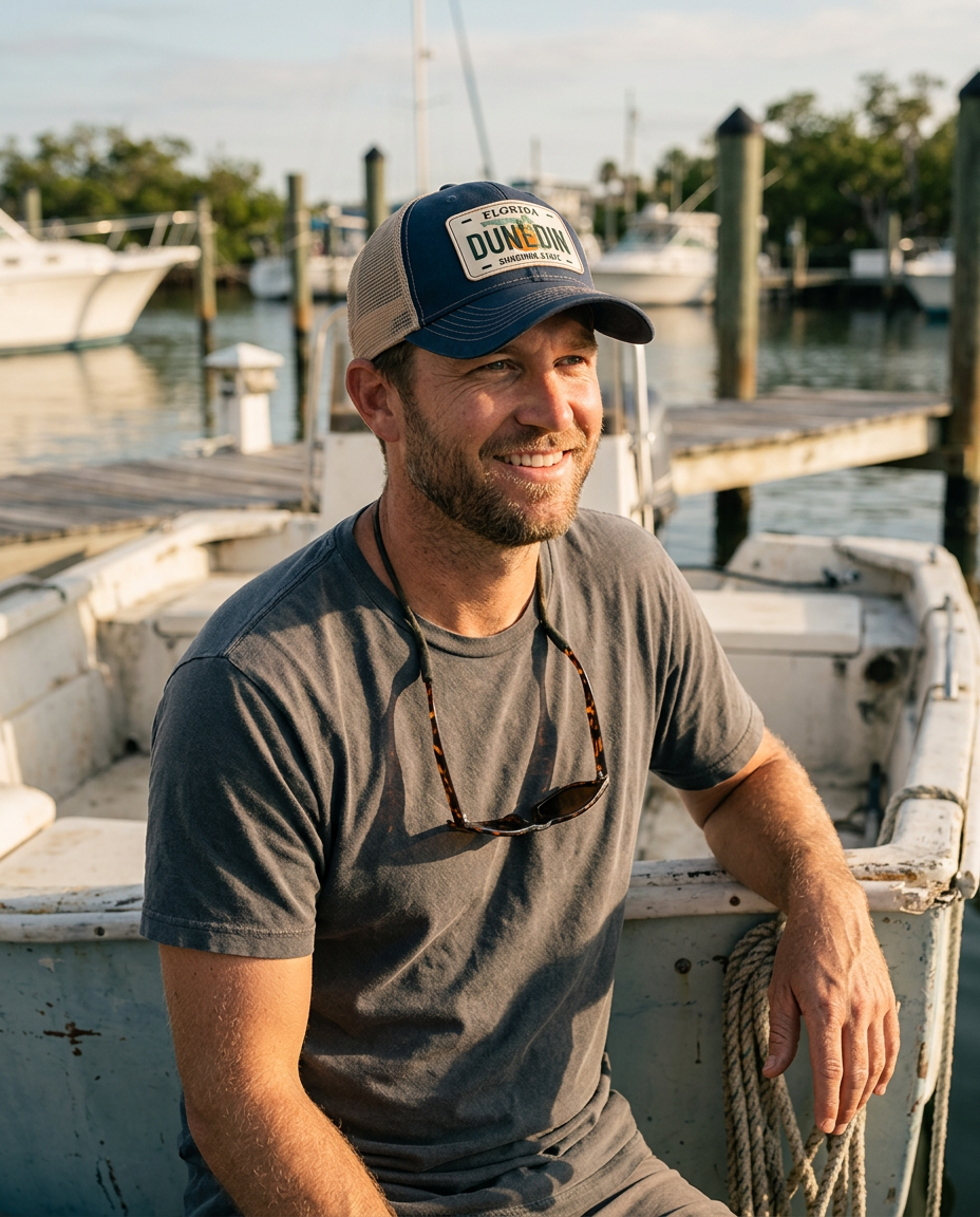 Person in Dunedin Marina wearing the Navy Dunedin Florida patch hat