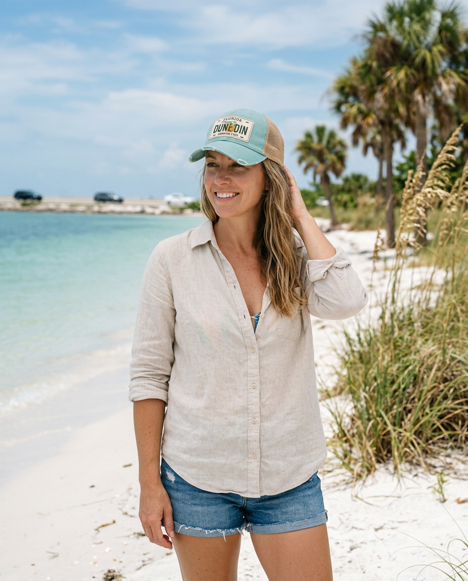 Person in Honeymoon Island wearing the Washed Seafoam Dunedin Florida patch hat