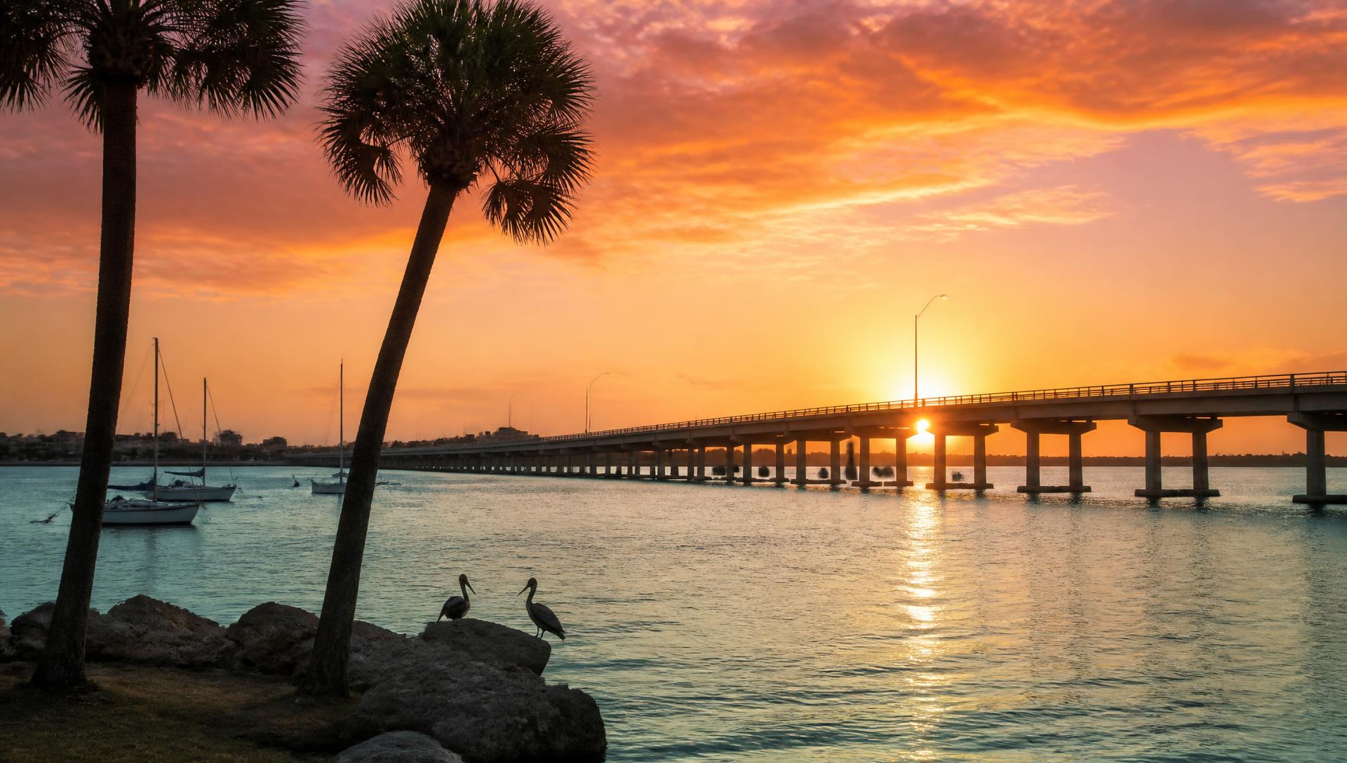 Sunset over the Dunedin Causeway and St. Joseph Sound in Dunedin, Florida